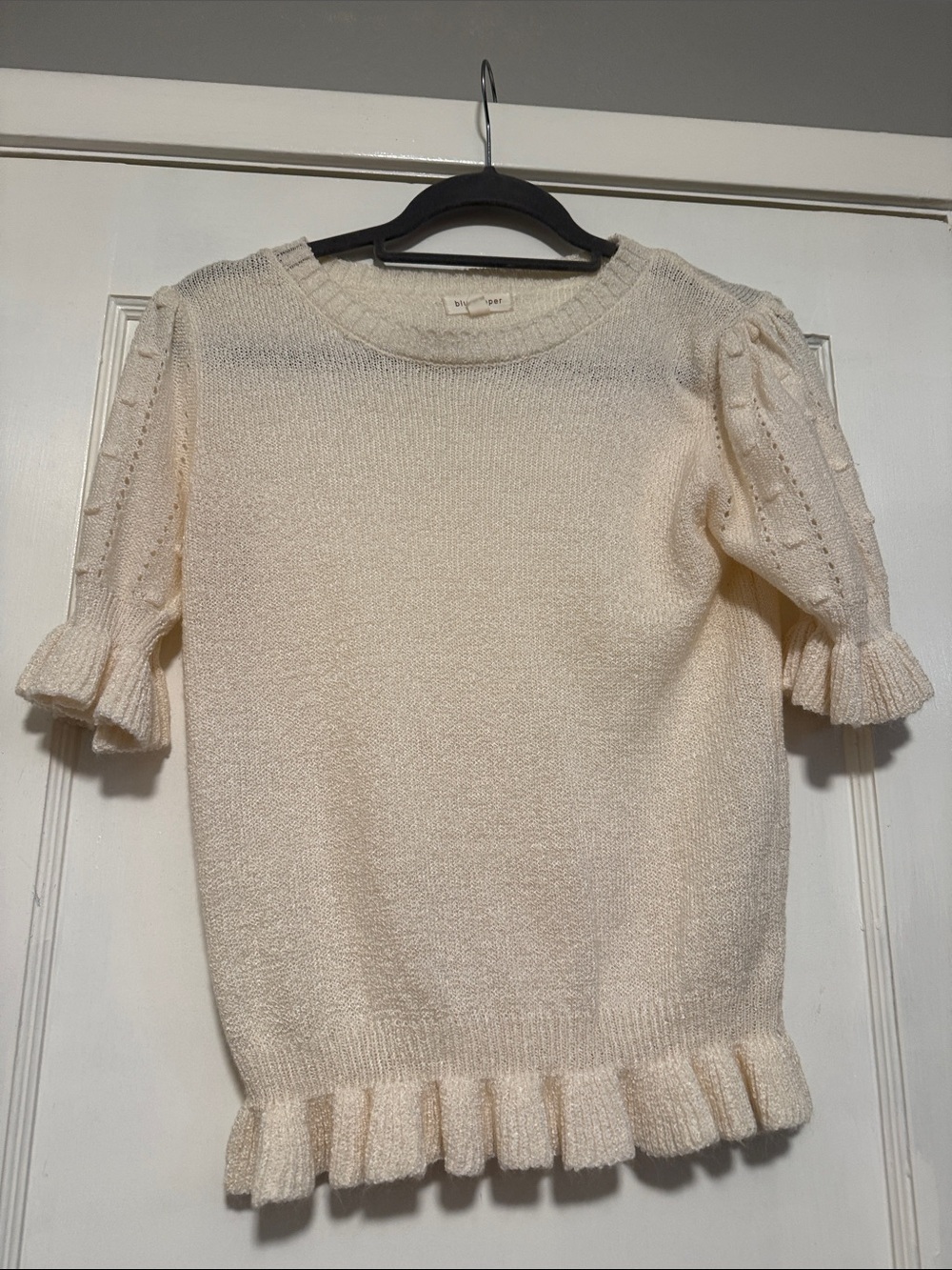 Blu Pepper Cream Ruffle-Hem Short Sleeve Knit Sweater